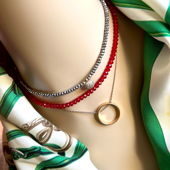 Set of 3 checkers 13-14” long delicate beaded teen layers red solver gold bundle - Picture 1 of 11